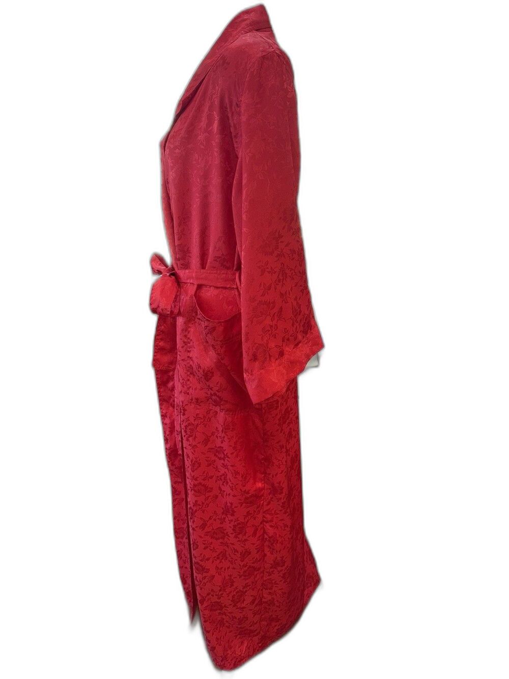 VTG Victoria’s Secret Red Floral Satin Robe M/L Korea Silky Wrap Belted Lounge